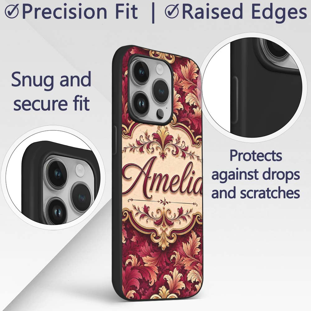 Luxury Red and Gold Ornate Floral Printed Design Custom Name Protective Phone Case Mobile Cover Durable Everyday Smartphone Shock Resistant