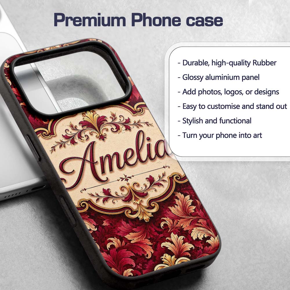 Luxury Red and Gold Ornate Floral Printed Design Custom Name Protective Phone Case Mobile Cover Durable Everyday Smartphone Shock Resistant