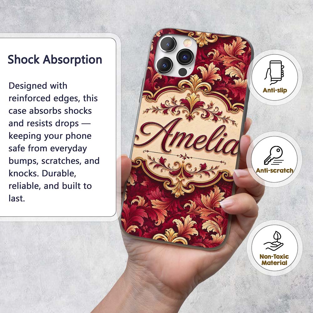 Luxury Red and Gold Ornate Floral Printed Design Custom Name Protective Phone Case Mobile Cover Durable Everyday Smartphone Shock Resistant