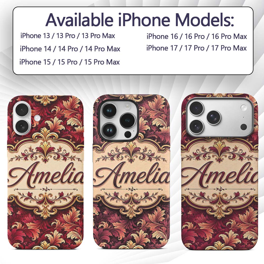 Luxury Red and Gold Ornate Floral Printed Design Custom Name Protective Phone Case Mobile Cover Durable Everyday Smartphone Shock Resistant