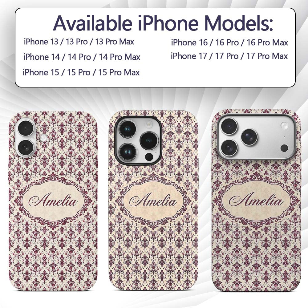 Classic Burgundy Vintage Damask Floral Seamless Custom Name Protective Phone Case Mobile Cover Durable Everyday Smartphone Shock Resistant