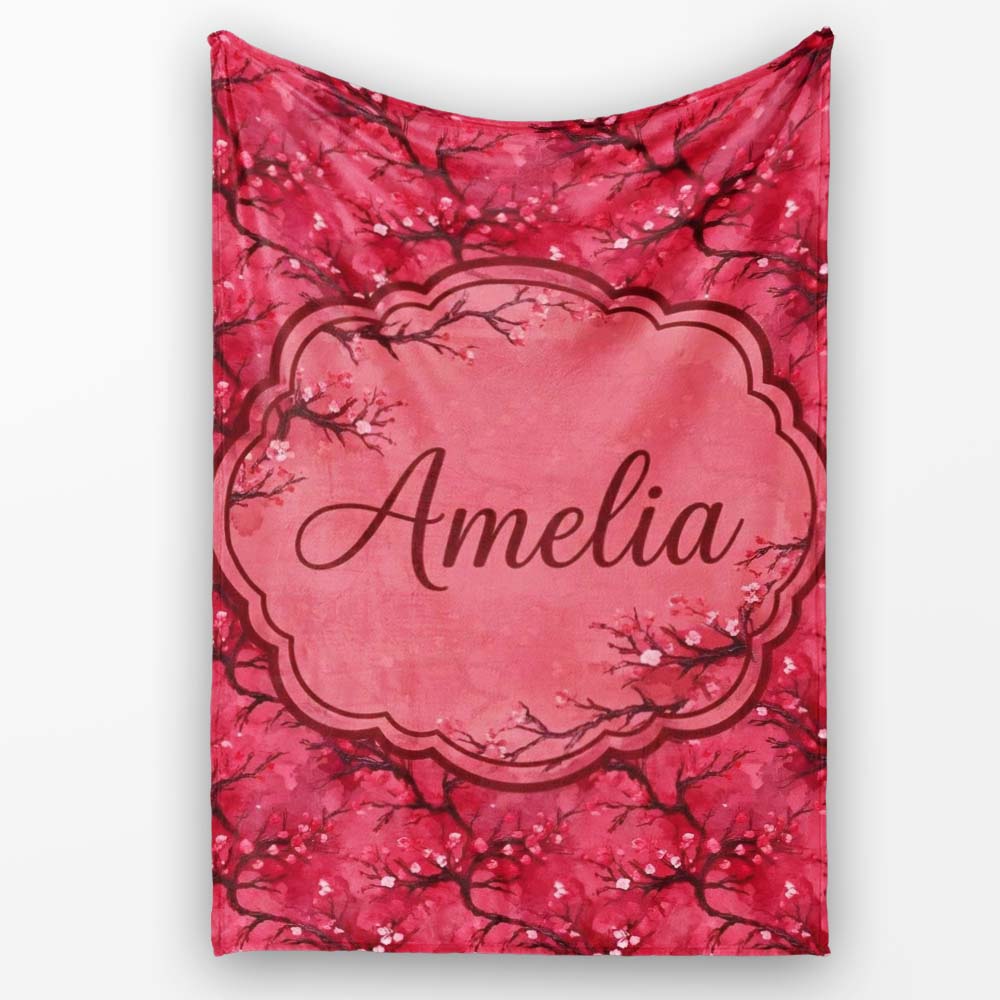 Watercolor Red Cherry Blossom Branch Seamless Pattern Lovely Personalised Custom Name Super Soft Fleece Blanket Bed Sofa Throw