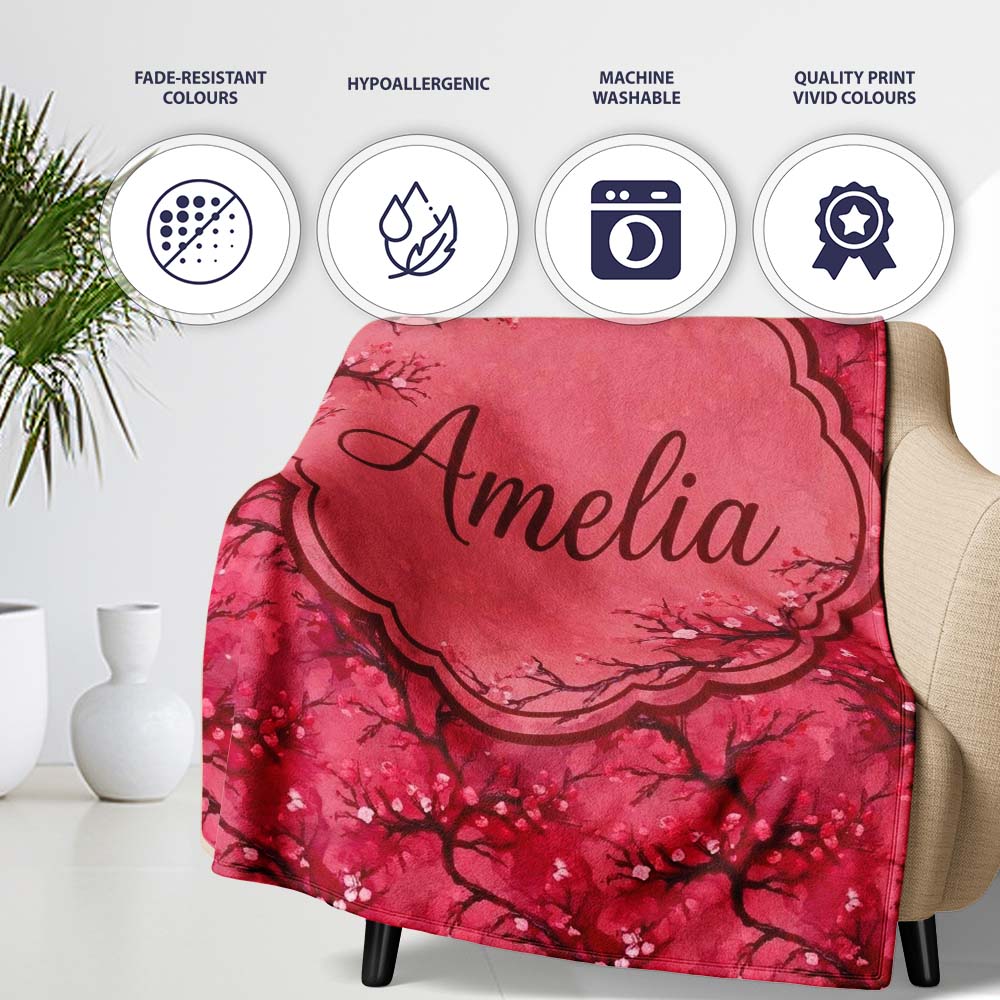 Watercolor Red Cherry Blossom Branch Seamless Pattern Lovely Personalised Custom Name Super Soft Fleece Blanket Bed Sofa Throw