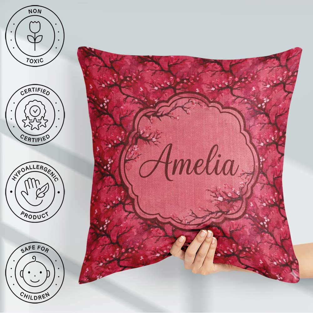 Custom Name Watercolor Red Cherry Blossom Branch Seamless Lovely Square Filled Cushion Throw Pillow Sofa Bed Home Decor Zip Washable UK Made