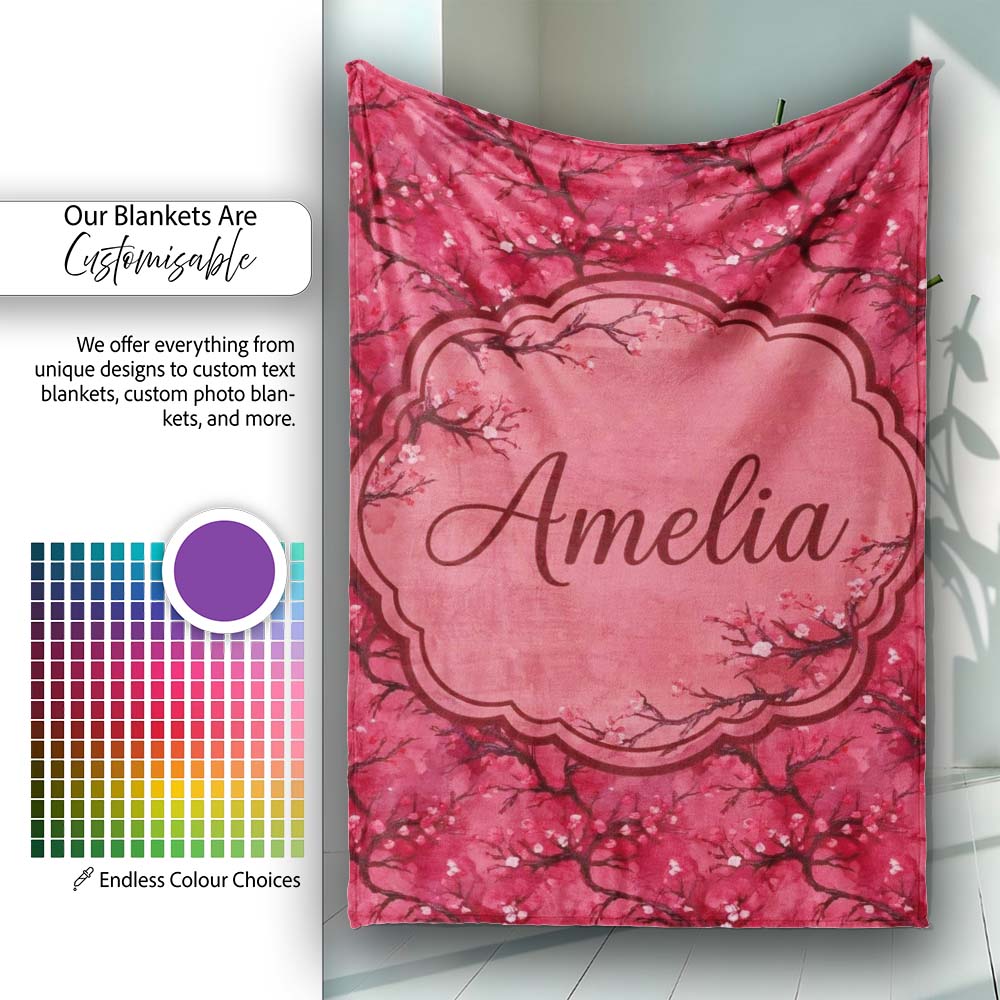 Watercolor Red Cherry Blossom Branch Seamless Pattern Lovely Personalised Custom Name Super Soft Fleece Blanket Bed Sofa Throw