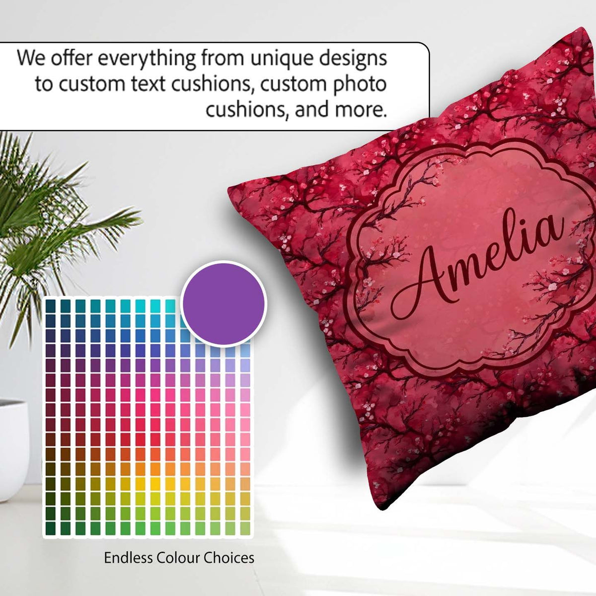 Custom Name Watercolor Red Cherry Blossom Branch Seamless Lovely Square Filled Cushion Throw Pillow Sofa Bed Home Decor Zip Washable UK Made