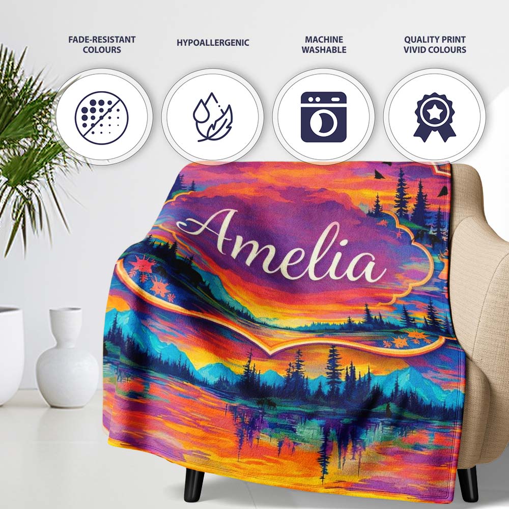 Neon Sunset Mountain Lake Landscape Pattern Stylish Everyday Personalised Custom Name Super Soft Fleece Blanket Bed Sofa Throw