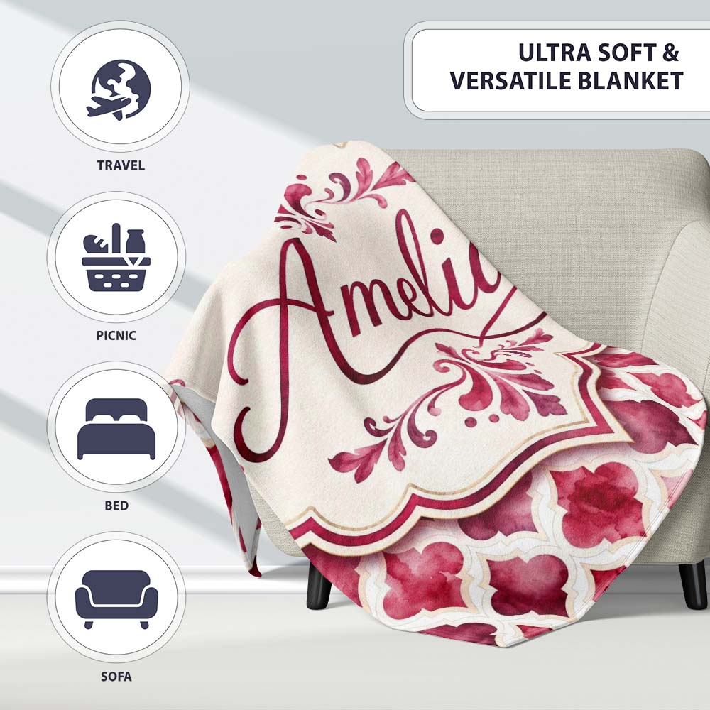 Soft Watercolor Pink Quatrefoil Lattice Seamless Pattern Lovely Personalised Custom Name Super Soft Fleece Blanket Bed Sofa Throw