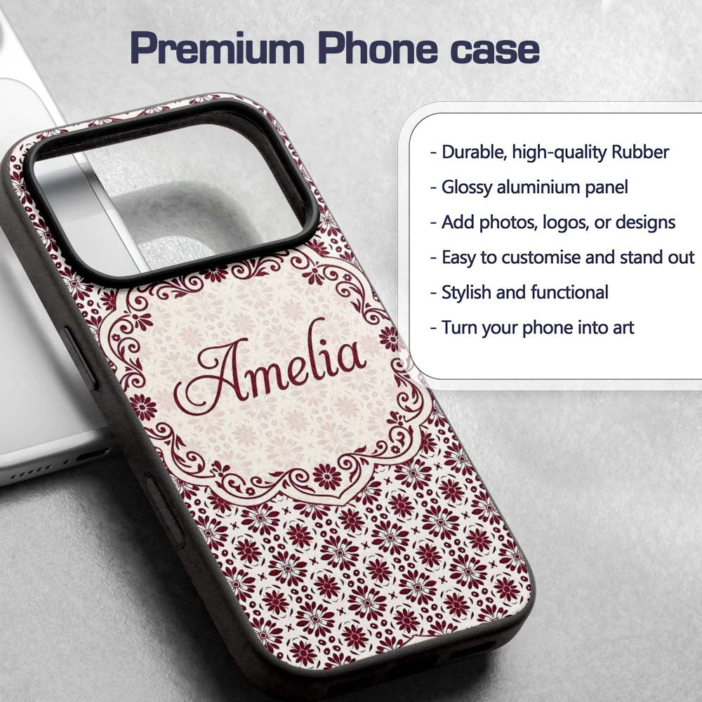 Red Floral Daisy Repeat Seamless Printed Design Custom Name Protective Phone Case Mobile Cover Durable Everyday Smartphone Shock Resistant