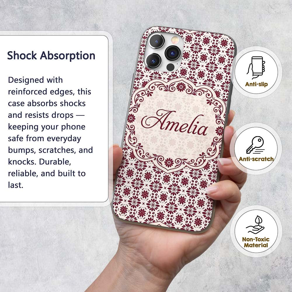 Red Floral Daisy Repeat Seamless Printed Design Custom Name Protective Phone Case Mobile Cover Durable Everyday Smartphone Shock Resistant