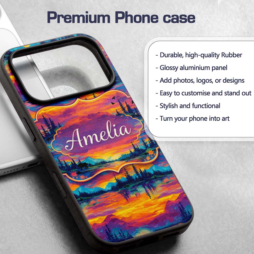 Neon Sunset Mountain Lake Landscape Pattern Printed Design Custom Name Protective Phone Case Mobile Cover Durable Smartphone Shock Resistant