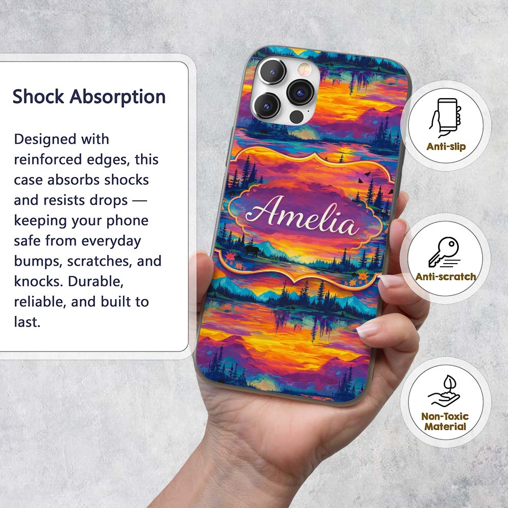 Neon Sunset Mountain Lake Landscape Pattern Printed Design Custom Name Protective Phone Case Mobile Cover Durable Smartphone Shock Resistant