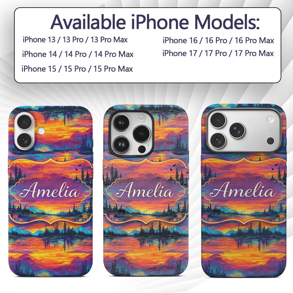 Neon Sunset Mountain Lake Landscape Pattern Printed Design Custom Name Protective Phone Case Mobile Cover Durable Smartphone Shock Resistant