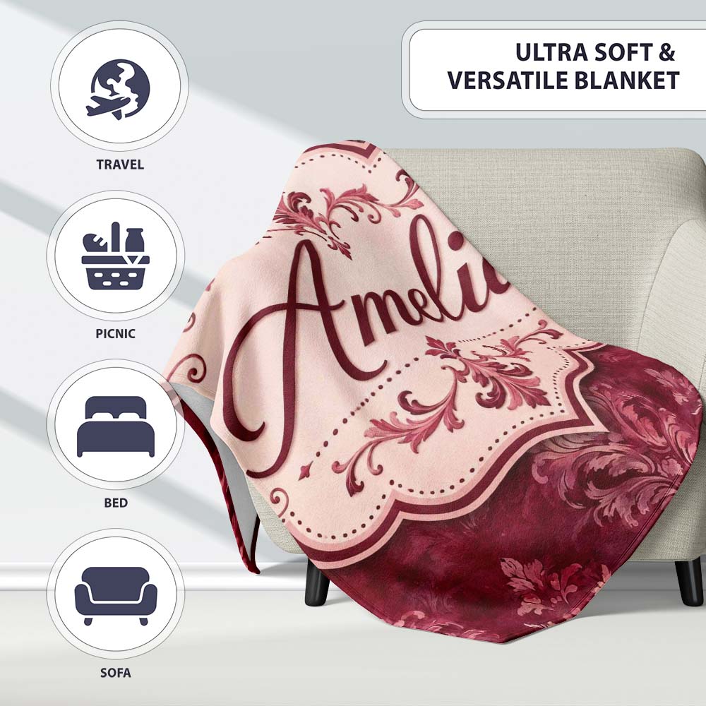 Rich Burgundy Watercolor Damask Ornamental Seamless Pattern Lovely Personalised Custom Name Super Soft Fleece Blanket Bed Sofa Throw