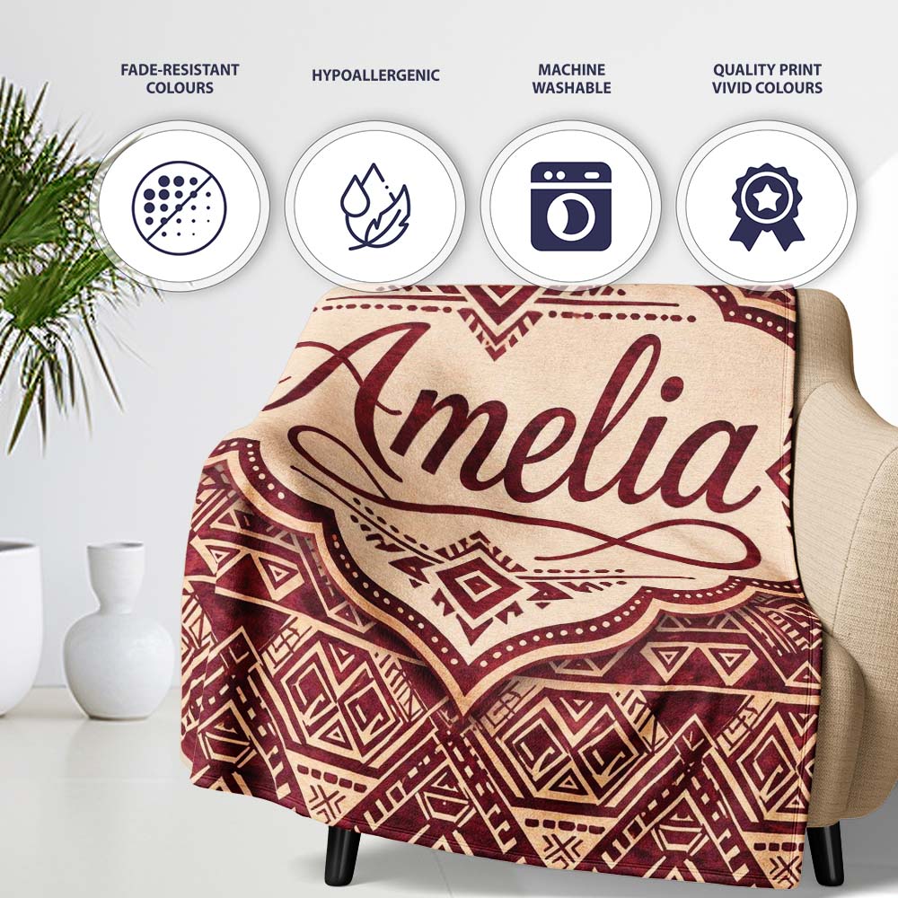 Tribal Red Geometric Aztec Style Seamless Pattern Cute Unique Gift Personalised Custom Name Super Soft Fleece Blanket Bed Sofa Throw