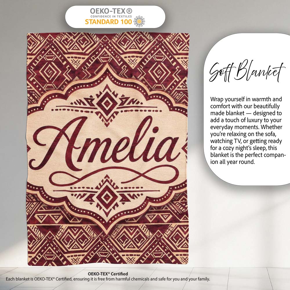Tribal Red Geometric Aztec Style Seamless Pattern Cute Unique Gift Personalised Custom Name Super Soft Fleece Blanket Bed Sofa Throw