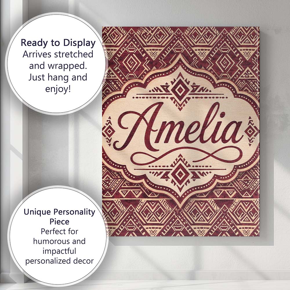 Personalised Name Tribal Red Geometric Custom Modern Room Accent Elegant Feature Canvas Wall Art Print Decor Picture Ready to Hang