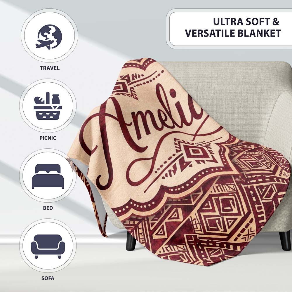 Tribal Red Geometric Aztec Style Seamless Pattern Cute Unique Gift Personalised Custom Name Super Soft Fleece Blanket Bed Sofa Throw