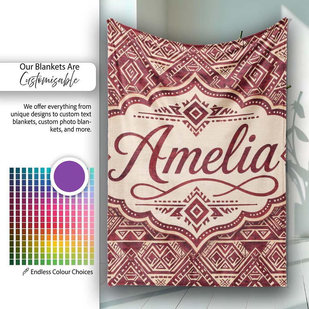 Tribal Red Geometric Aztec Style Seamless Pattern Cute Unique Gift Personalised Custom Name Super Soft Fleece Blanket Bed Sofa Throw