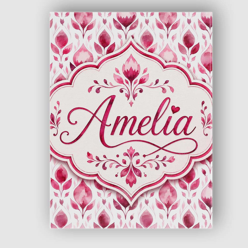 Personalised Name Pink Watercolor Leaf Custom Modern Room Accent Elegant Feature Canvas Wall Art Print Decor Picture Ready to Hang