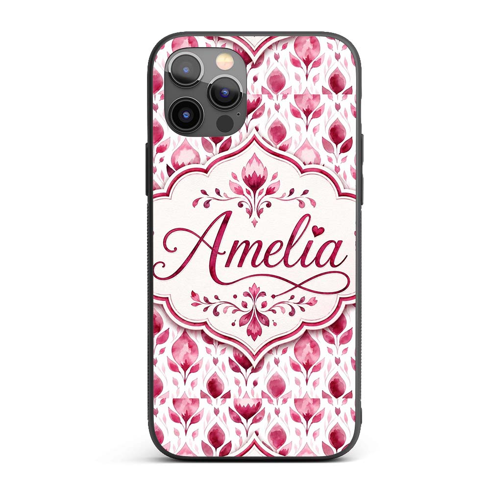 Pink Watercolor Leaf Botanical Seamless Pattern Custom Name Protective Phone Case Mobile Cover Durable Everyday Smartphone Shock Resistant