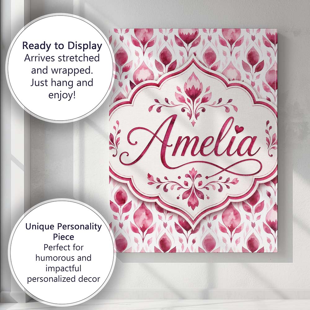 Personalised Name Pink Watercolor Leaf Custom Modern Room Accent Elegant Feature Canvas Wall Art Print Decor Picture Ready to Hang