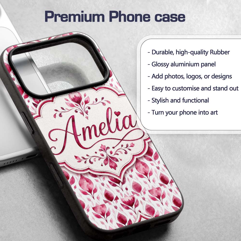 Pink Watercolor Leaf Botanical Seamless Pattern Custom Name Protective Phone Case Mobile Cover Durable Everyday Smartphone Shock Resistant