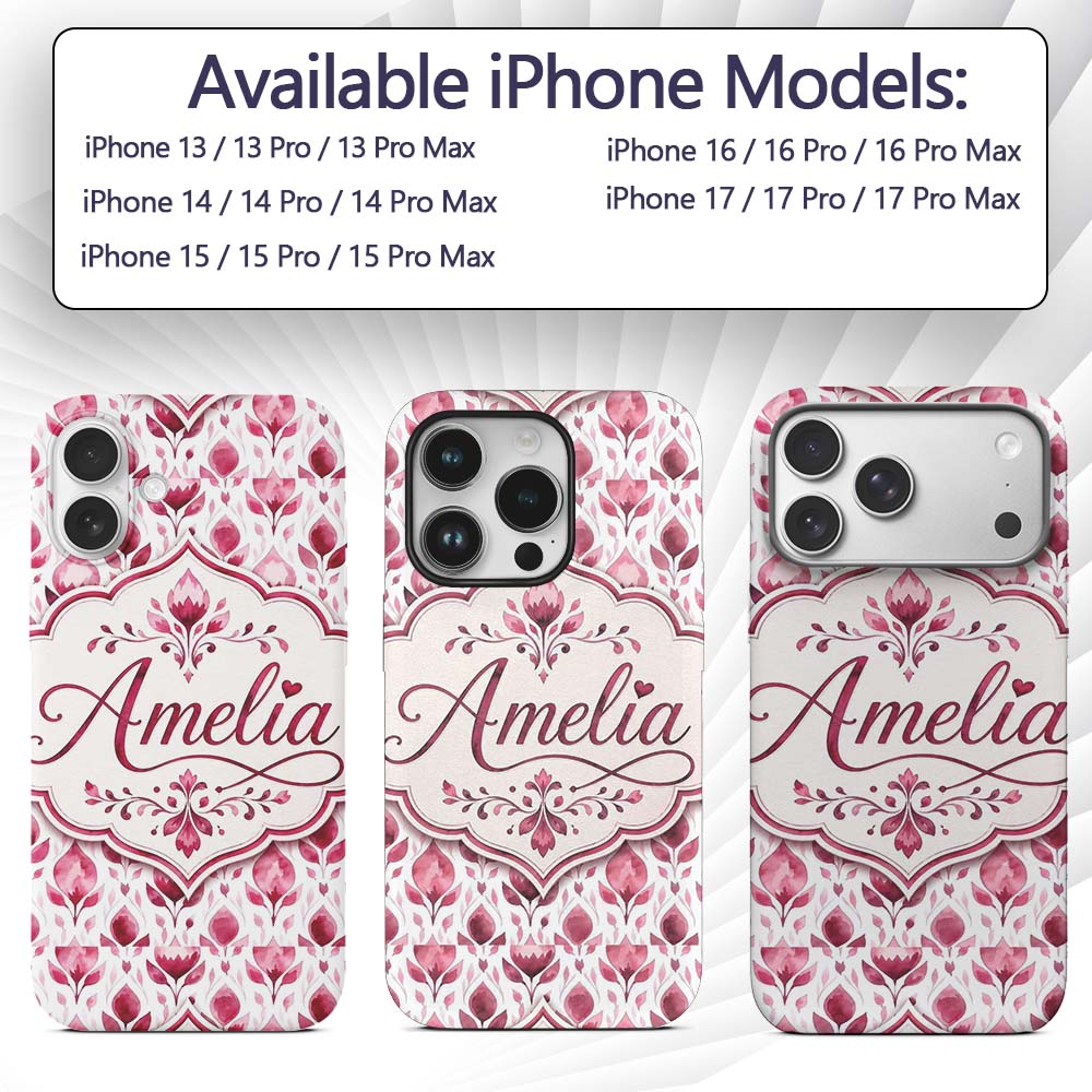 Pink Watercolor Leaf Botanical Seamless Pattern Custom Name Protective Phone Case Mobile Cover Durable Everyday Smartphone Shock Resistant