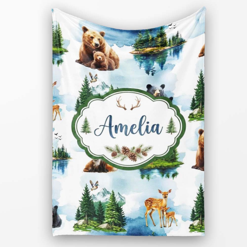 Woodland Animals Forest Watercolor Pattern Cute Unique Gift Lovely Personalised Custom Name Super Soft Fleece Blanket Bed Sofa Throw