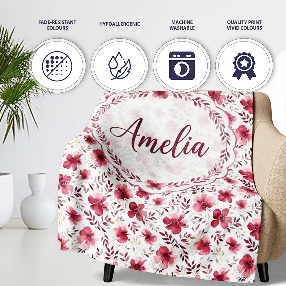 Elegant Pink Floral Blossom Branch Seamless Pattern Cute Unique Gift Personalised Custom Name Super Soft Fleece Blanket Bed Sofa Throw