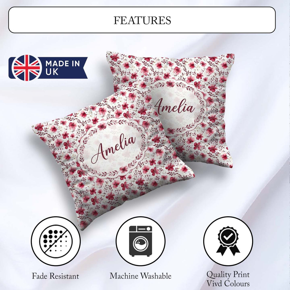 Custom Name Elegant Pink Floral Blossom Branch Seamless Pattern Square Filled Cushion Throw Pillow Sofa Bed Home Decor Zip Washable UK Made