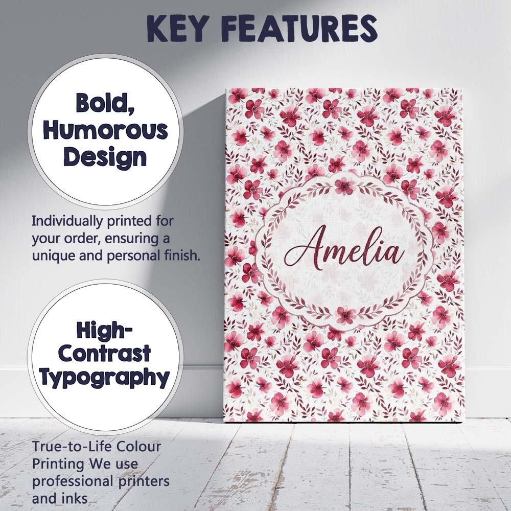 Personalised Name Elegant Pink Floral Custom Modern Room Accent Creative Decorator Style Canvas Wall Art Print Decor Picture Ready to Hang