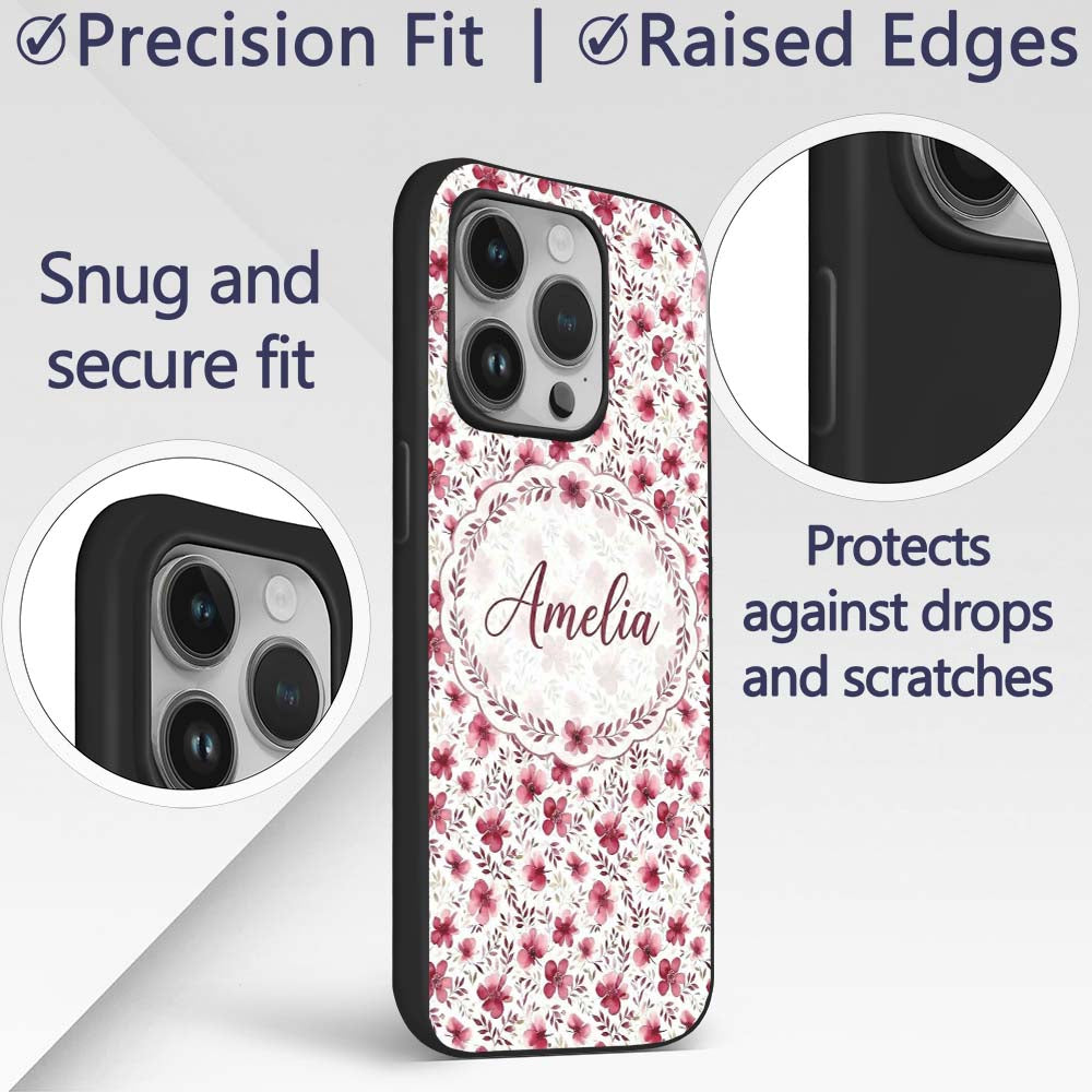 Elegant Pink Floral Blossom Branch Printed Design Custom Name Protective Phone Case Mobile Cover Durable Everyday Smartphone Shock Resistant