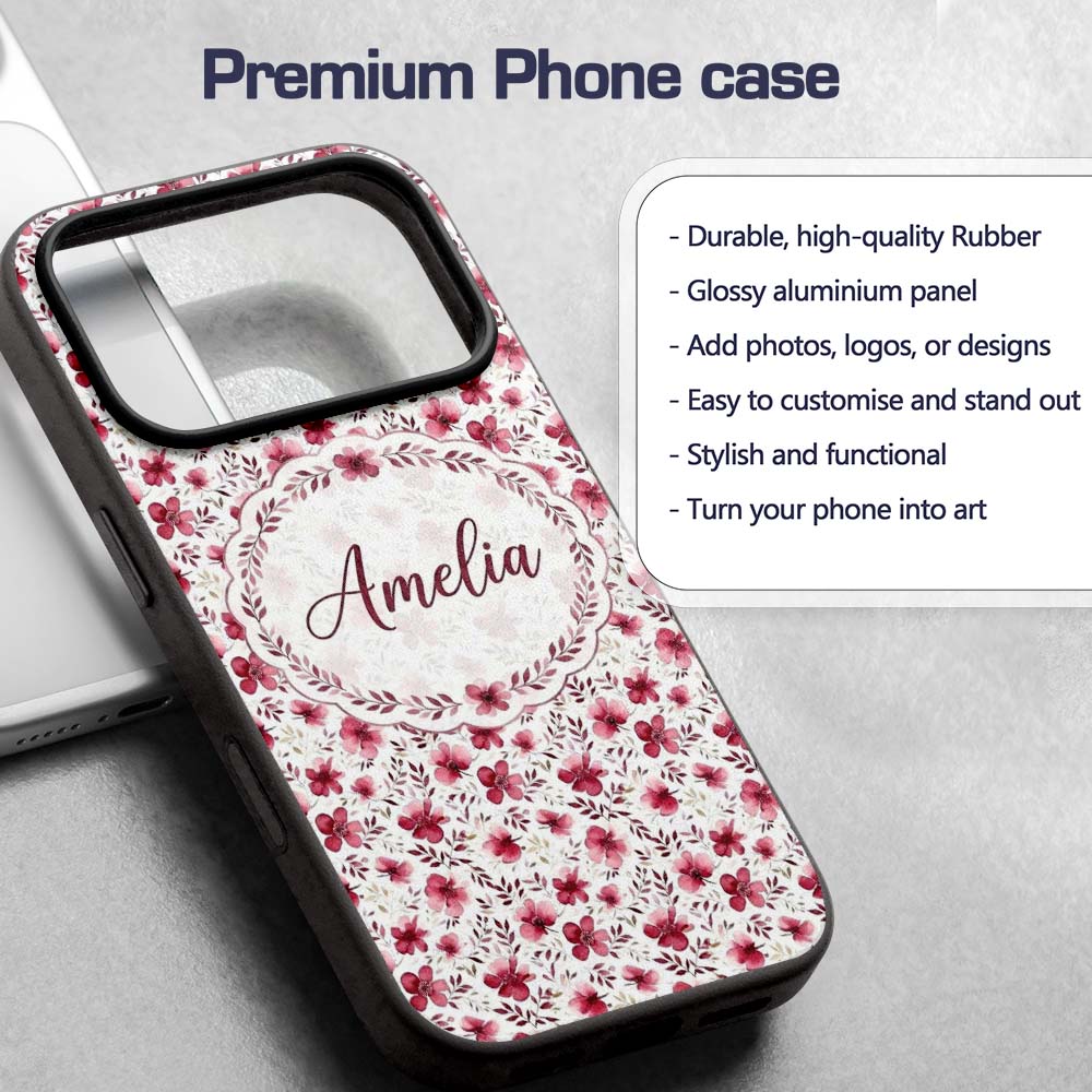 Elegant Pink Floral Blossom Branch Printed Design Custom Name Protective Phone Case Mobile Cover Durable Everyday Smartphone Shock Resistant
