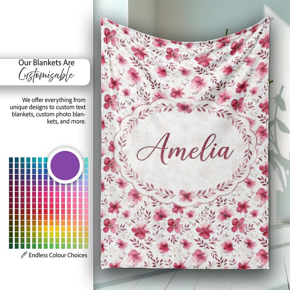 Elegant Pink Floral Blossom Branch Seamless Pattern Cute Unique Gift Personalised Custom Name Super Soft Fleece Blanket Bed Sofa Throw