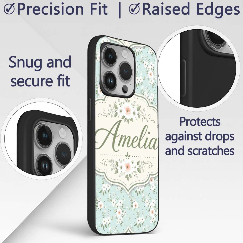 Delicate White Floral on Mint Green Seamless Custom Name Protective Phone Case Mobile Cover Durable Everyday Smartphone Shock Resistant