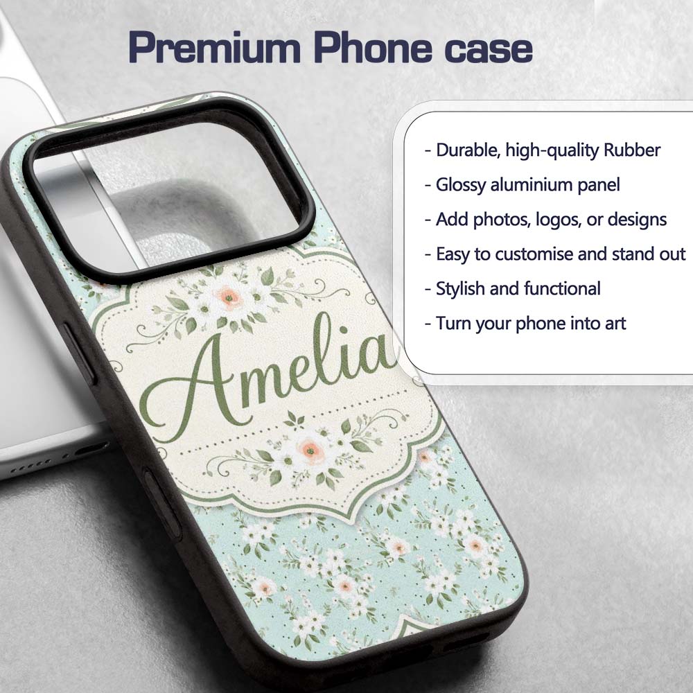 Delicate White Floral on Mint Green Seamless Custom Name Protective Phone Case Mobile Cover Durable Everyday Smartphone Shock Resistant