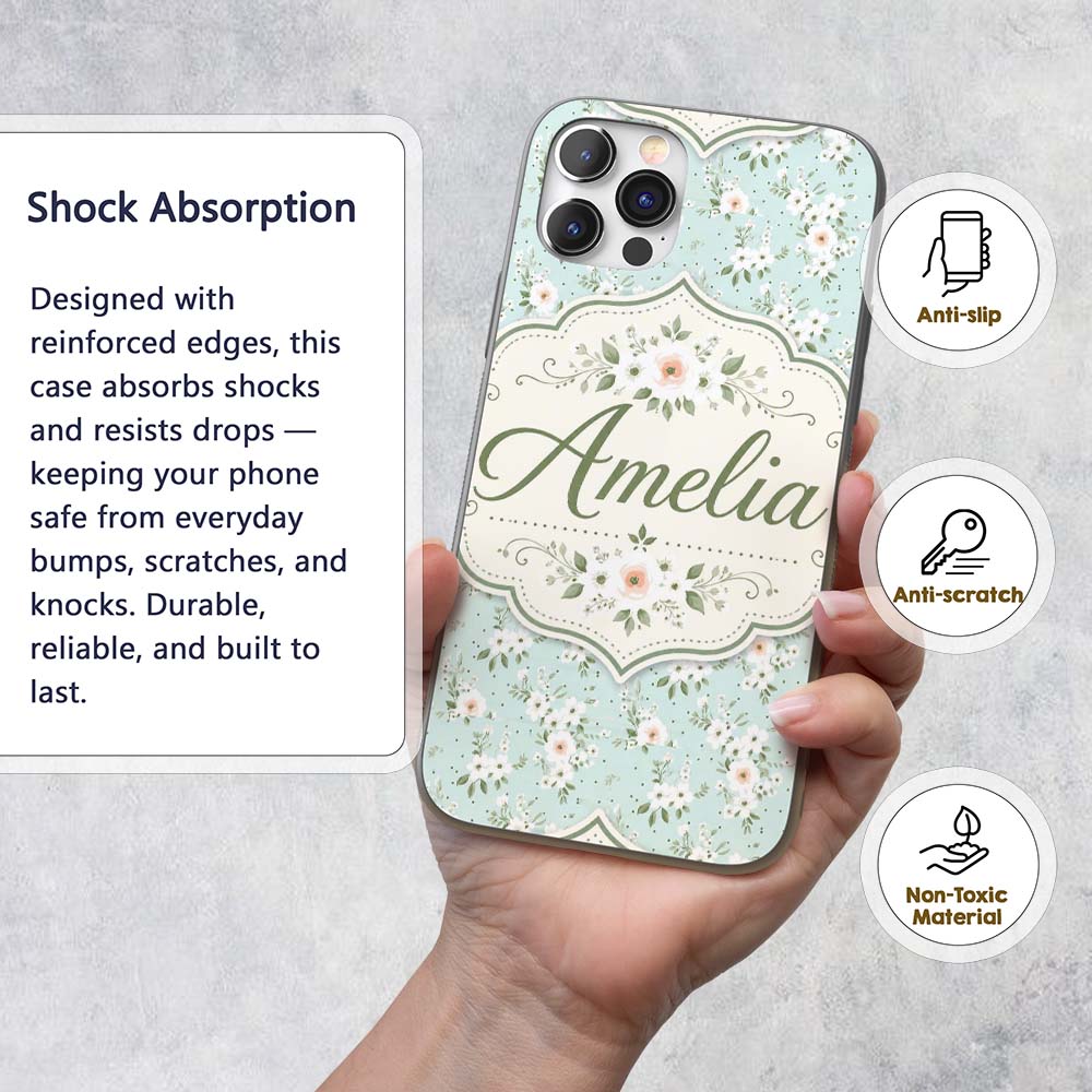 Delicate White Floral on Mint Green Seamless Custom Name Protective Phone Case Mobile Cover Durable Everyday Smartphone Shock Resistant