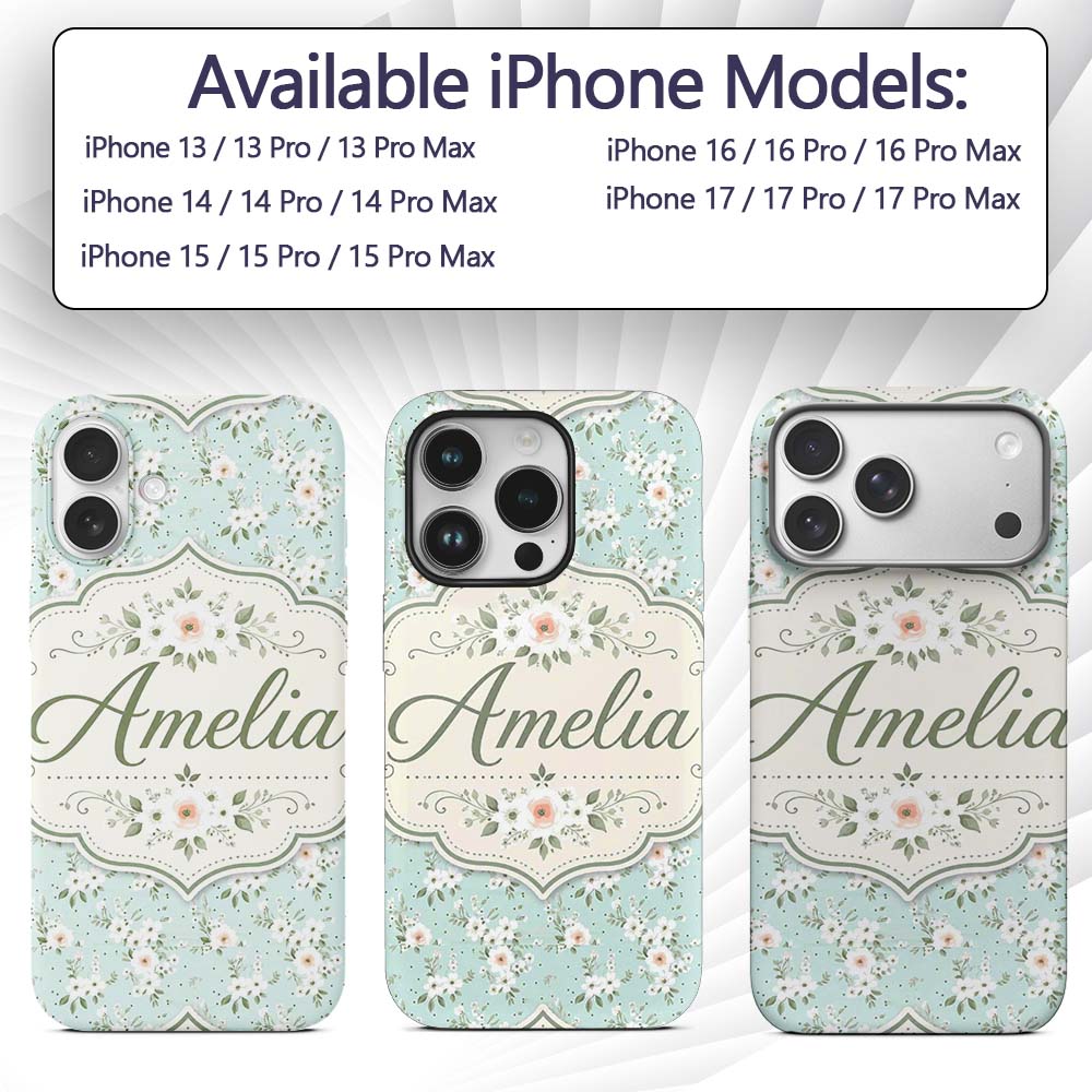 Delicate White Floral on Mint Green Seamless Custom Name Protective Phone Case Mobile Cover Durable Everyday Smartphone Shock Resistant