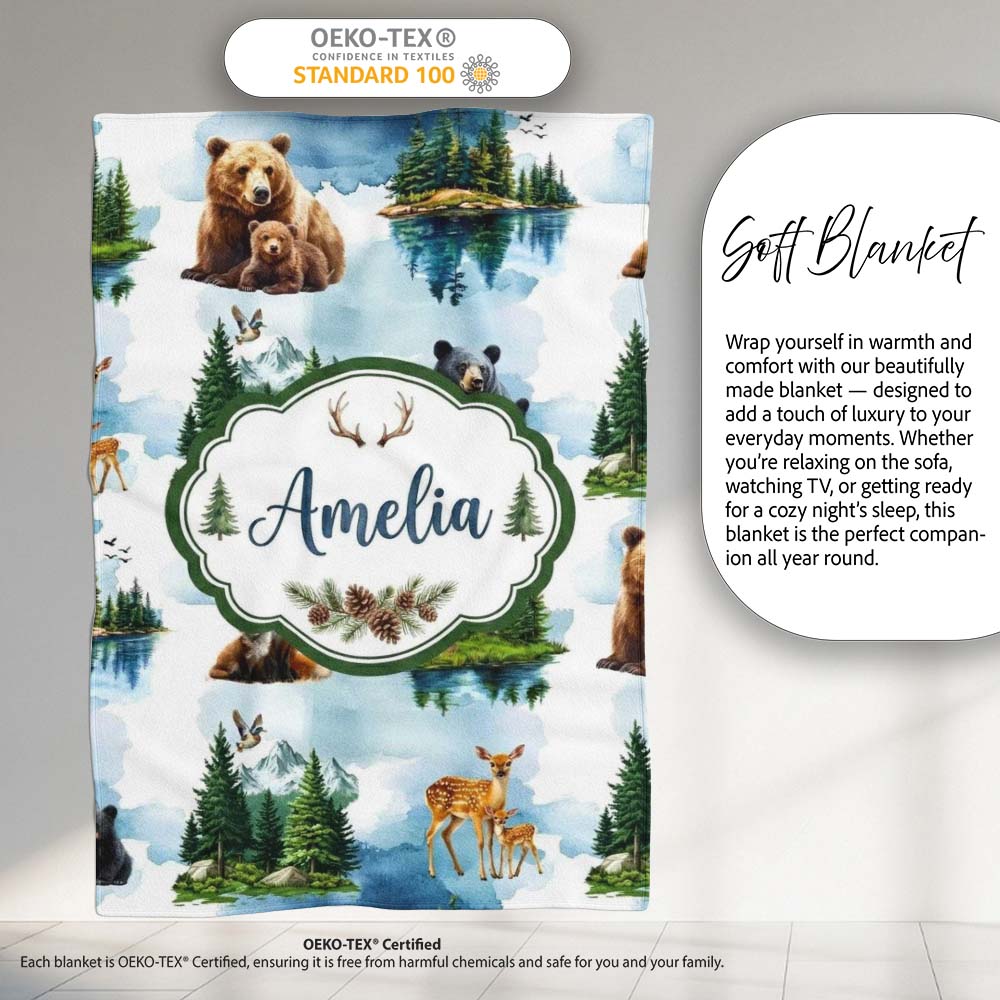 Woodland Animals Forest Watercolor Pattern Cute Unique Gift Lovely Personalised Custom Name Super Soft Fleece Blanket Bed Sofa Throw