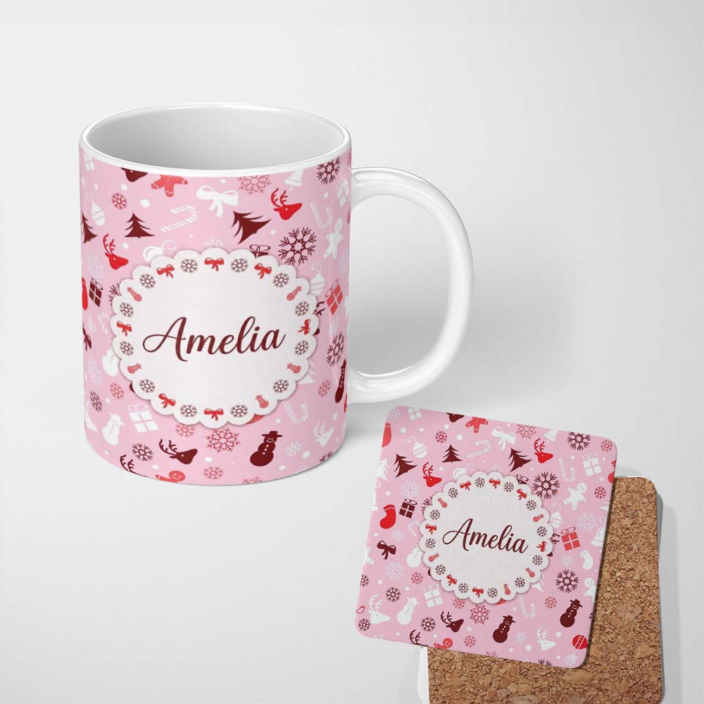 Personalized Custom Name Cute Christmas Snowman Reindeer Candy Seamless Pattern Lovely 11oz Ceramic Coffee Tea Mug White Large Handle