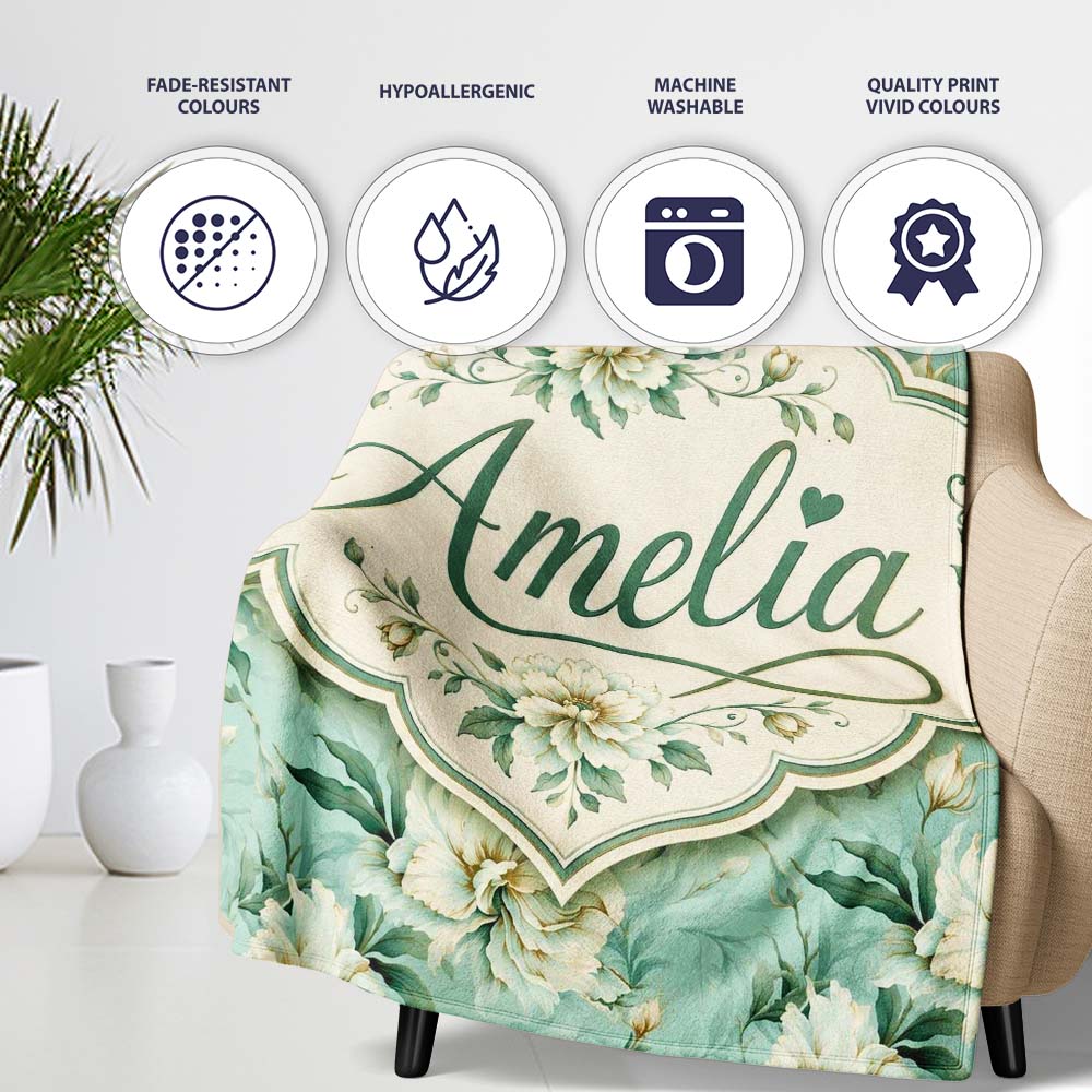 Elegant Cream Floral Bouquet on Soft Sage Green Seamless Pattern Personalised Custom Name Super Soft Fleece Blanket Bed Sofa Throw