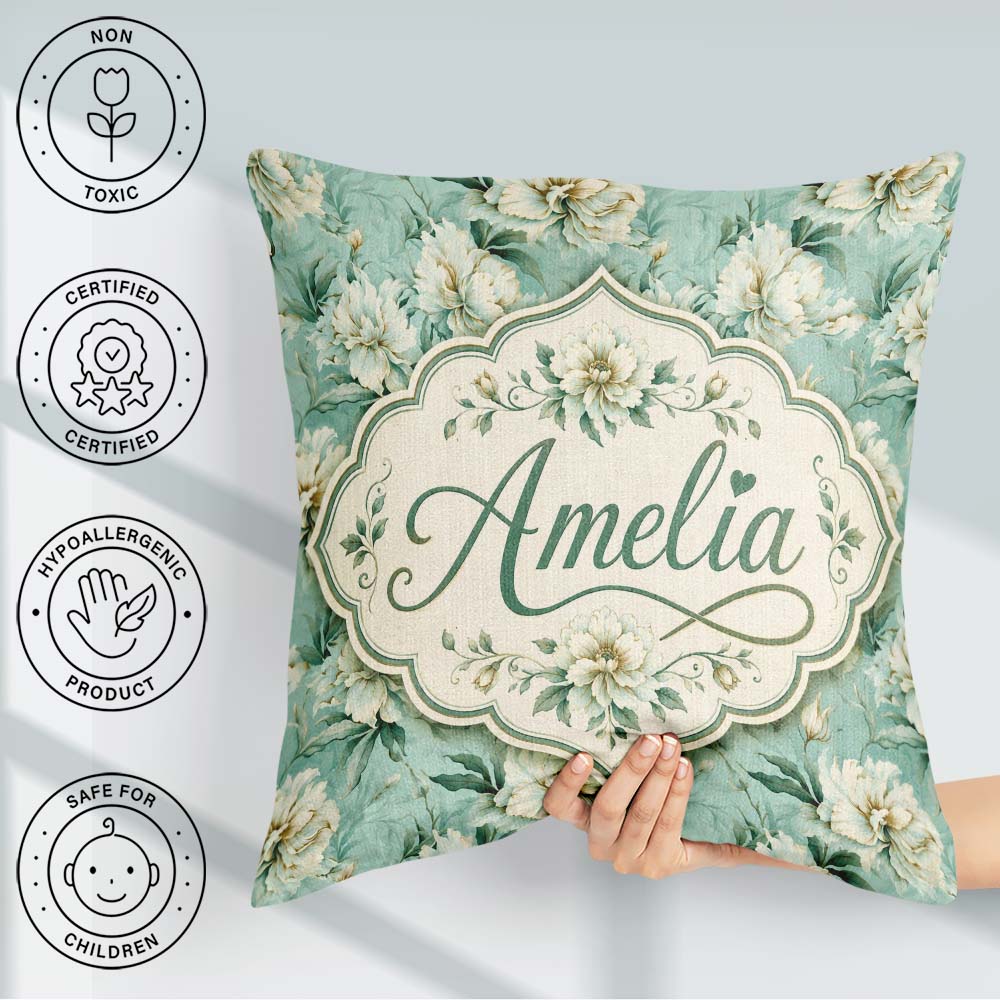 Custom Name Elegant Cream Floral Bouquet Soft Sage Green Pattern Square Filled Cushion Throw Pillow Sofa Bed Home Decor Zip Washable UK Made