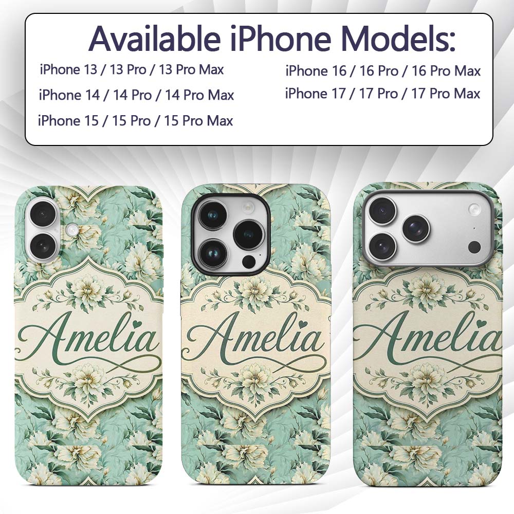 Elegant Cream Floral Bouquet on Soft Sage Green Custom Name Protective Phone Case Mobile Cover Durable Everyday Smartphone Shock Resistant