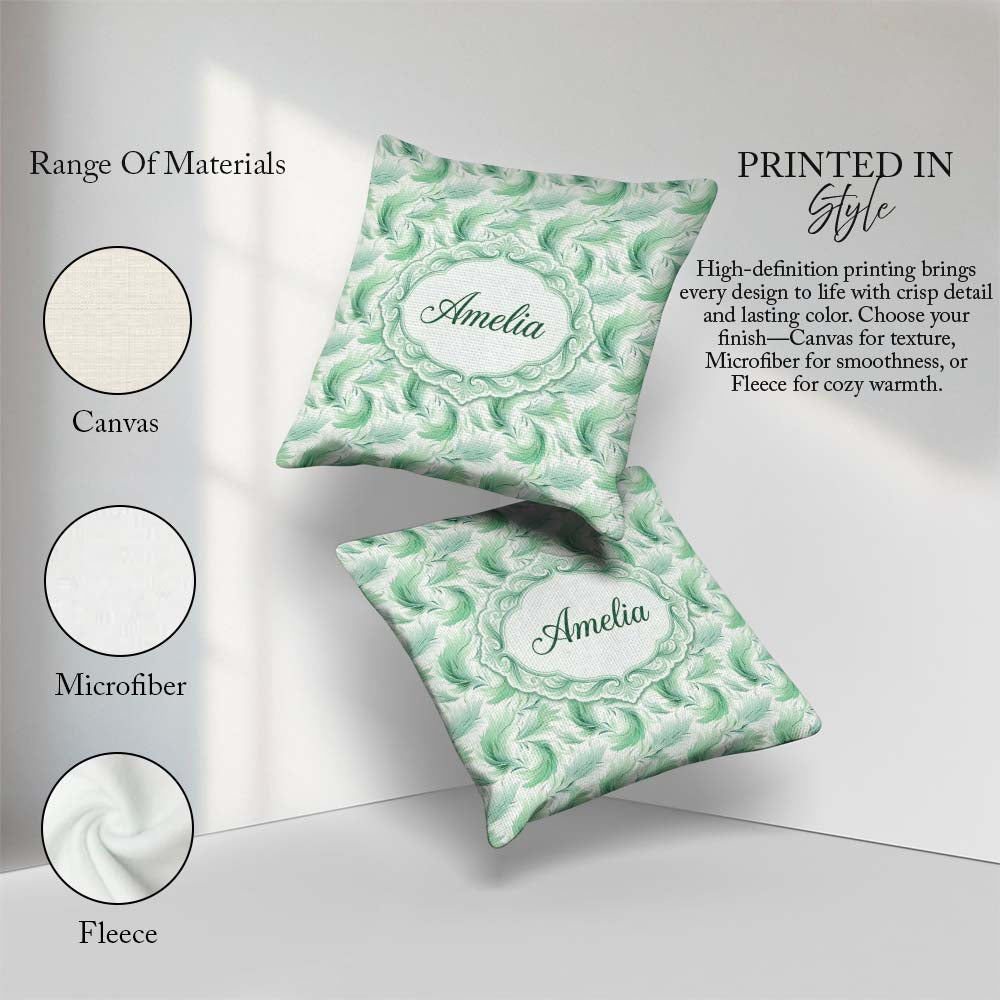 Custom Name Abstract Mint Green Flowing Feather Seamless Pattern Square Filled Cushion Throw Pillow Sofa Bed Home Decor Zip Washable UK Made