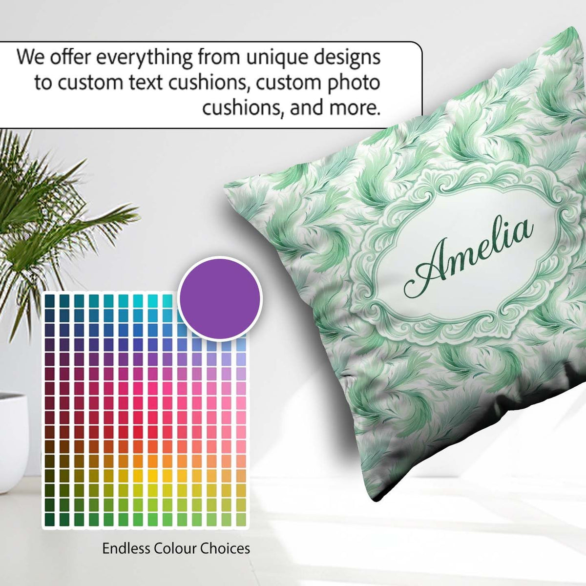 Custom Name Abstract Mint Green Flowing Feather Seamless Pattern Square Filled Cushion Throw Pillow Sofa Bed Home Decor Zip Washable UK Made
