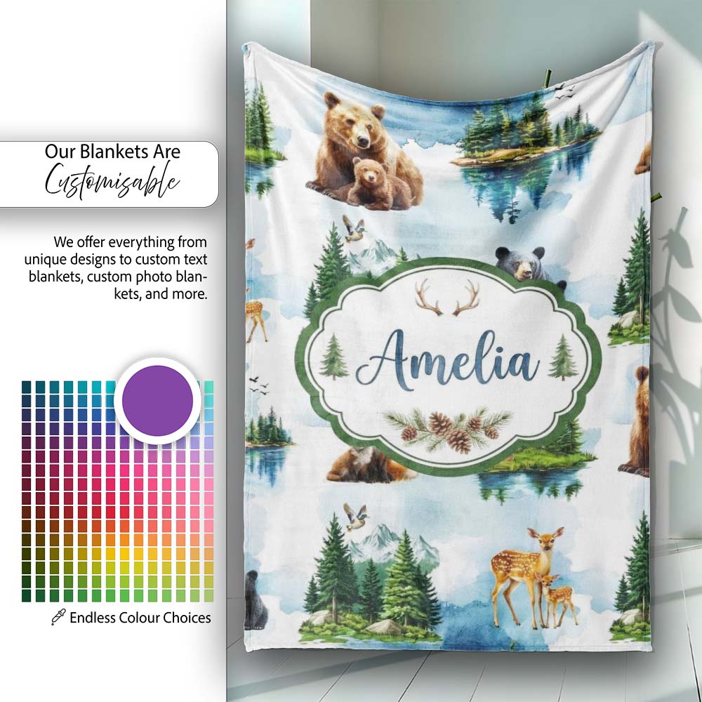 Woodland Animals Forest Watercolor Pattern Cute Unique Gift Lovely Personalised Custom Name Super Soft Fleece Blanket Bed Sofa Throw