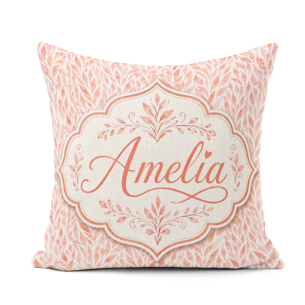 Custom Name Soft Coral Leaf Botanical Texture Seamless Pattern Square Filled Cushion Throw Pillow Sofa Bed Home Decor Zip Washable UK Made