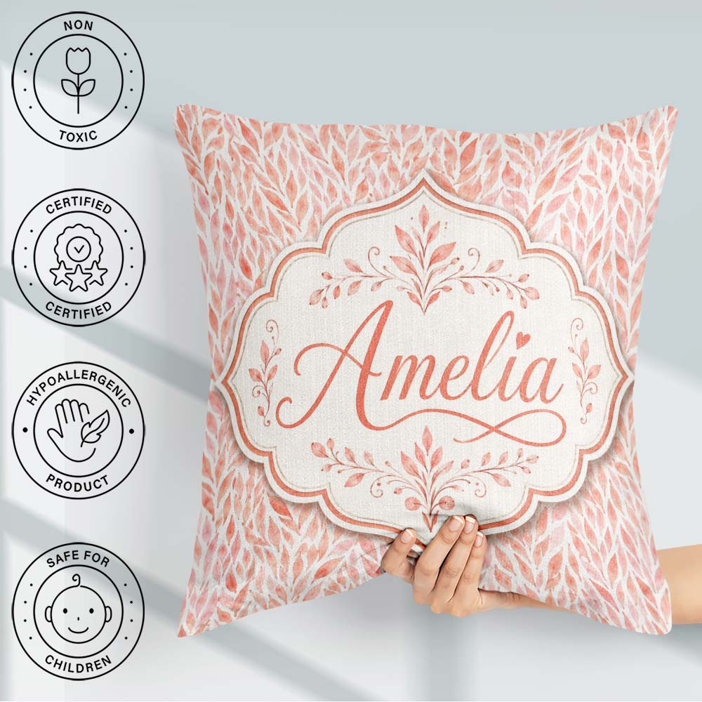 Custom Name Soft Coral Leaf Botanical Texture Seamless Pattern Square Filled Cushion Throw Pillow Sofa Bed Home Decor Zip Washable UK Made