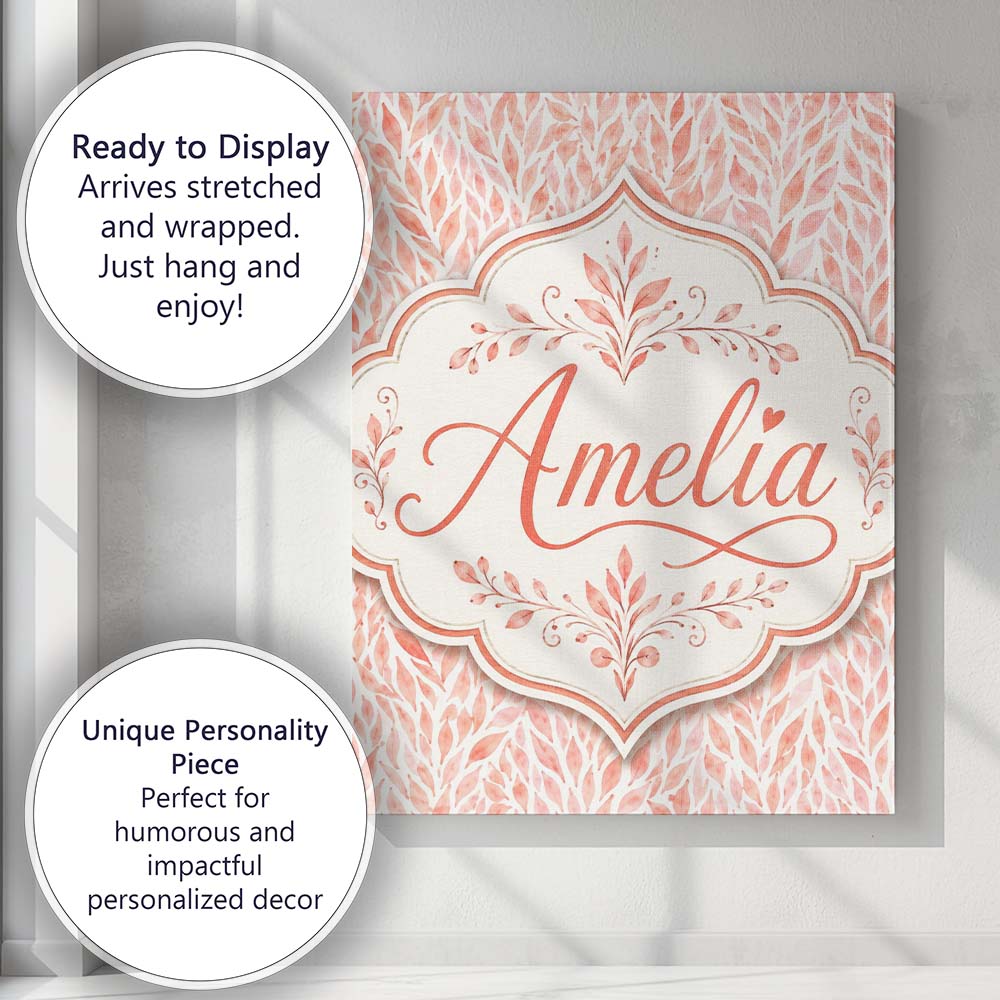 Personalised Name Soft Coral Leaf Botanical Custom Bespoke Interior Contemporary Canvas Wall Art Print Decor Picture Ready to Hang